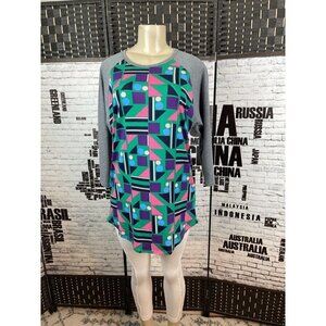 LulaRoe XL Gray Geometric Print Crew Neck Curved Hem 3/4 Raglan Sleeve Top